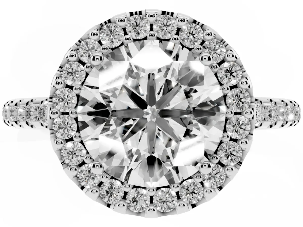 Round Cut Diamond Pavé Halo Ring with Four-Prong Setting Silver