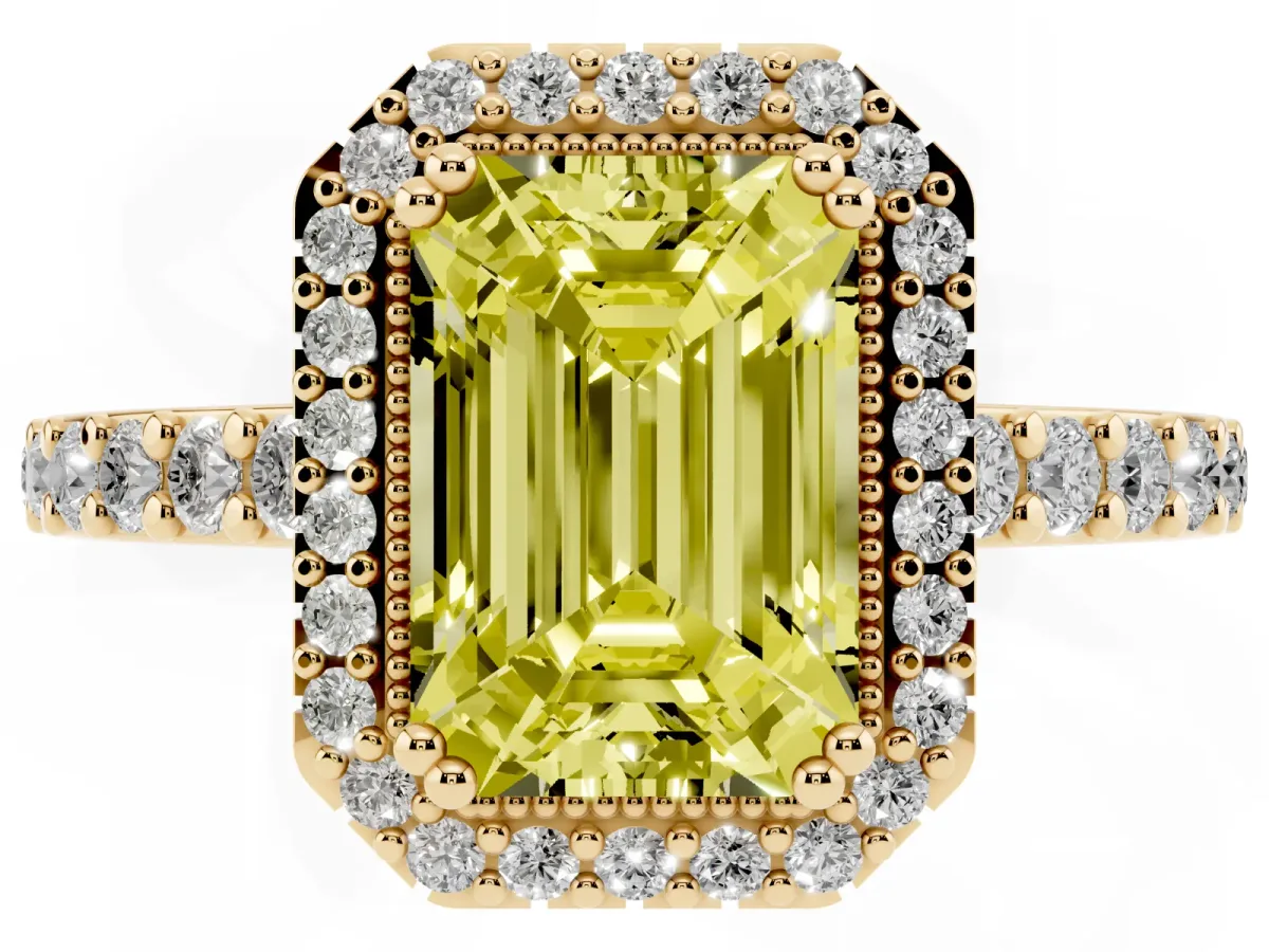 Fancy Yellow Emerald Cut Cut Diamond Halo Engagement Ring with Milgrain Detail and Pavé Band Yellow gold