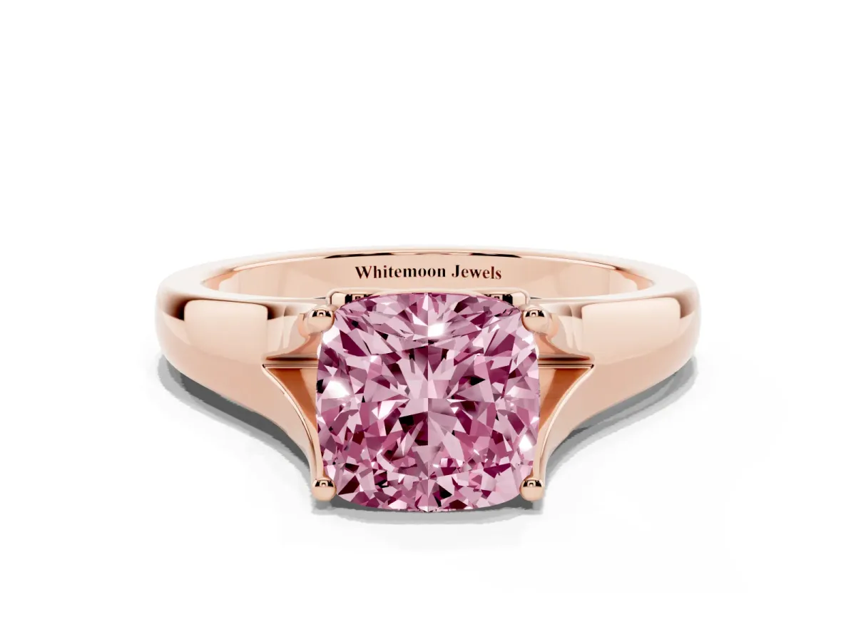 Fancy Pink Cushion Cut Solitaire Diamond Ring with Cathedral Band and Four-Prong Setting Rose gold