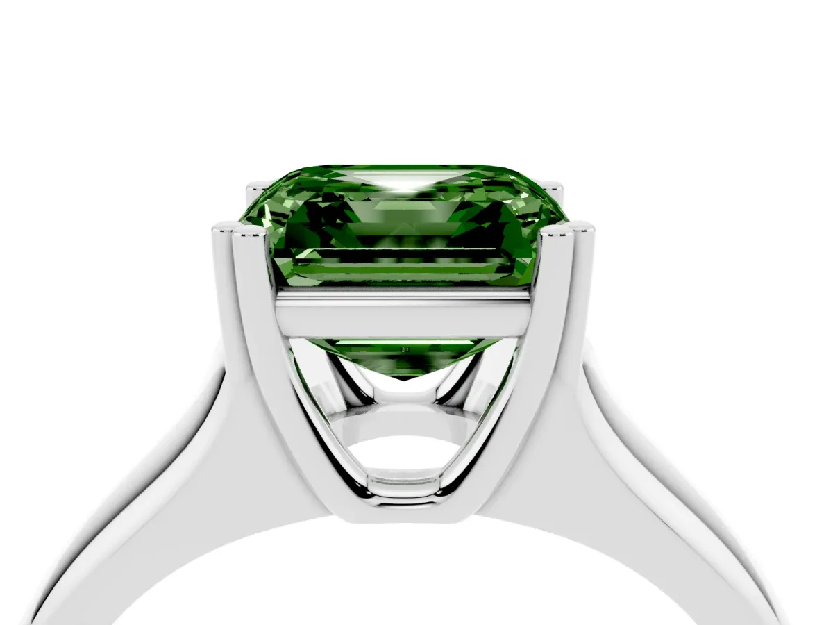 Fancy Green Asscher Cut Diamond Solitaire Ring with Wide Band and Prong Setting Silver