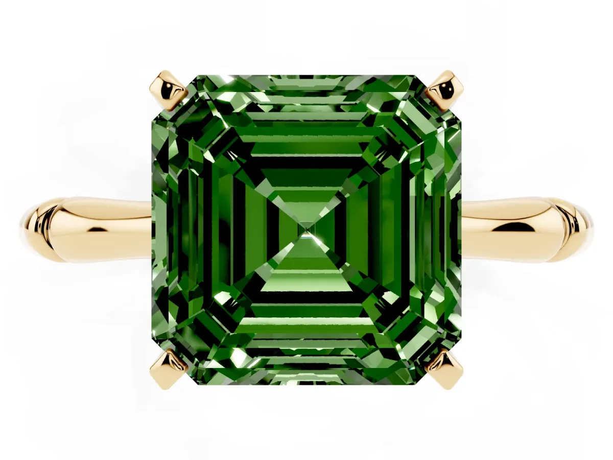 Fancy Green Asscher Cut Solitaire Diamond Ring with Bamboo Band and Four-Prong Setting Yellow gold