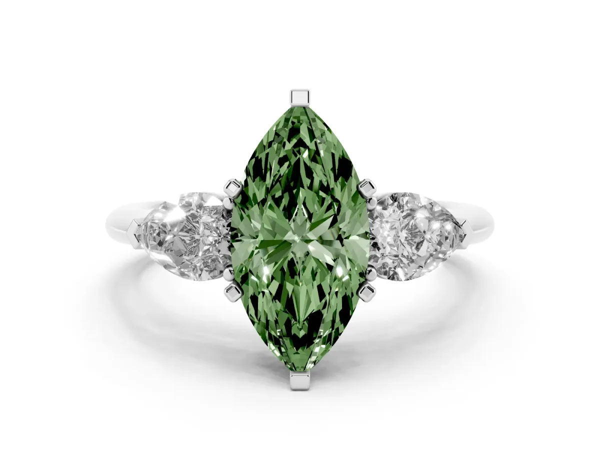 Fancy Green Three-Stone Marquise Cut Diamond Ring with Pear Side Stones and Four-Prong Setting Silver