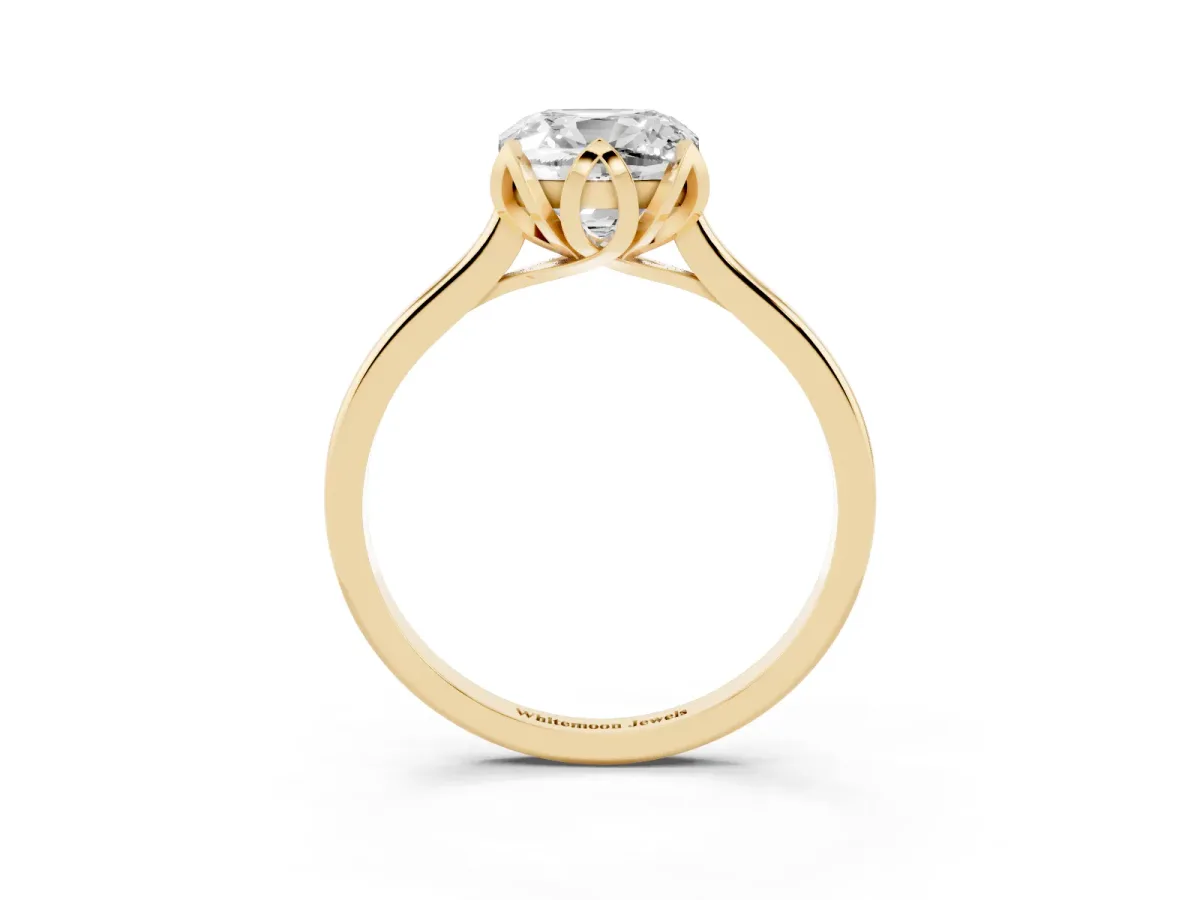 Cushion Cut Diamond Solitaire Ring with Flower Prong Setting and Classic Band Yellow gold