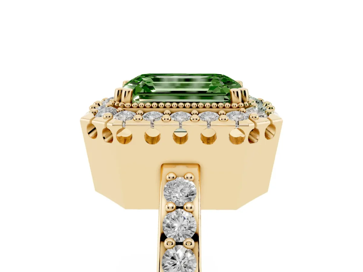 Fancy Green Emerald Cut Diamond Halo Ring with Pavé Band and Prong Setting Yellow gold