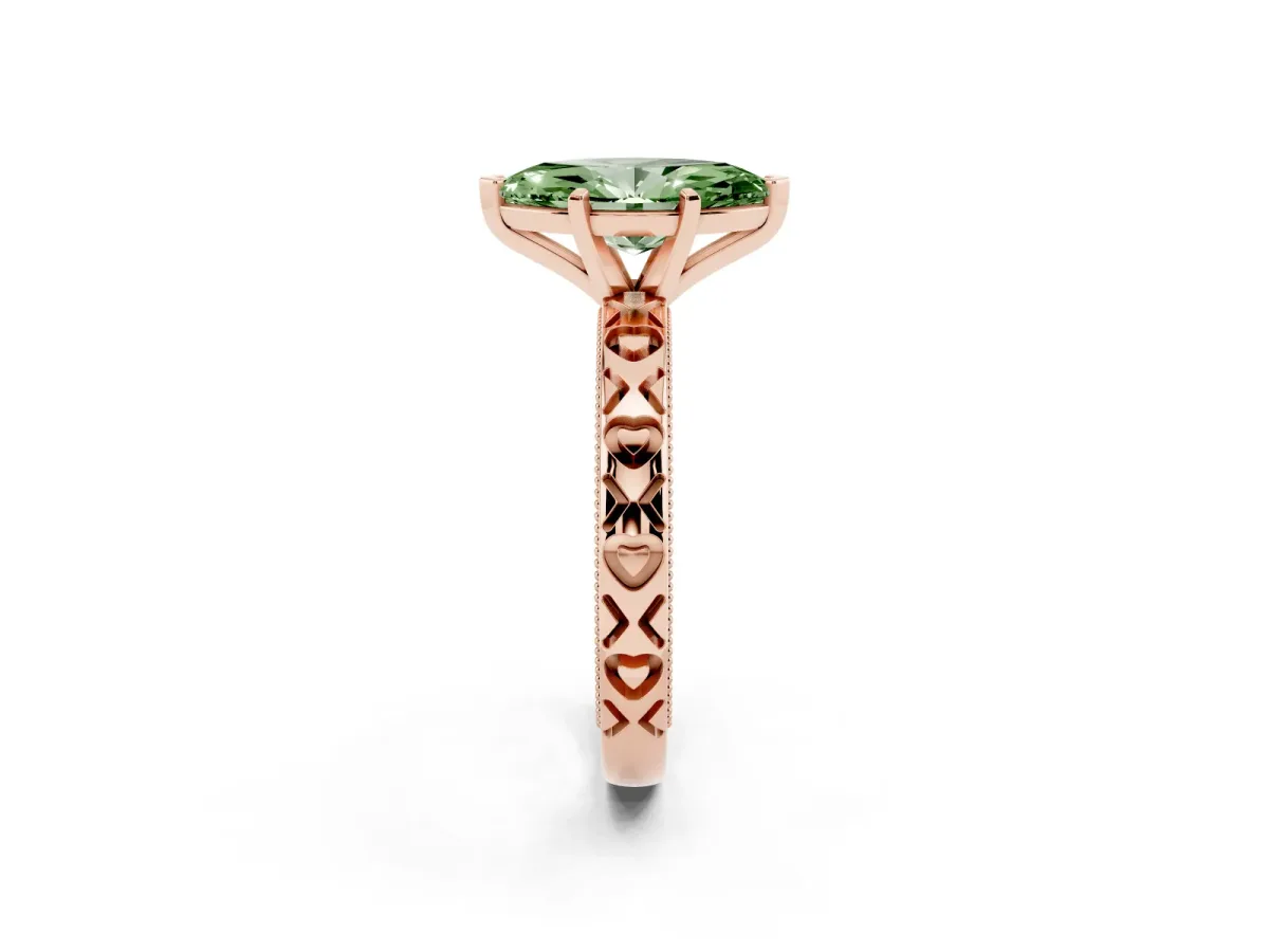 Fancy Green Marquise Cut Solitaire Diamond Engagement Ring with XO Engraved Band and Four-Prong Setting Rose gold