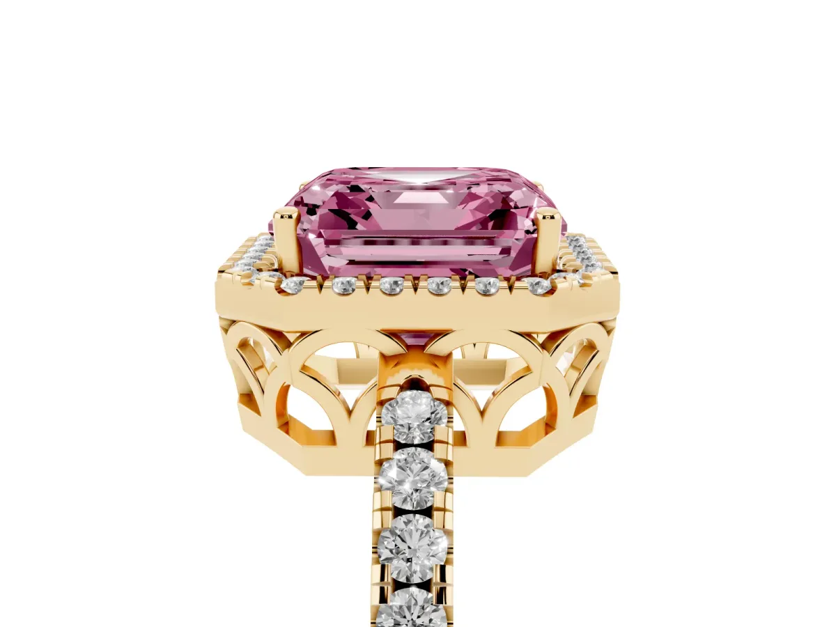 Fancy Pink Asscher Cut Halo Diamond Engagement Ring with Pavé Band and Four-Prong Setting Yellow gold