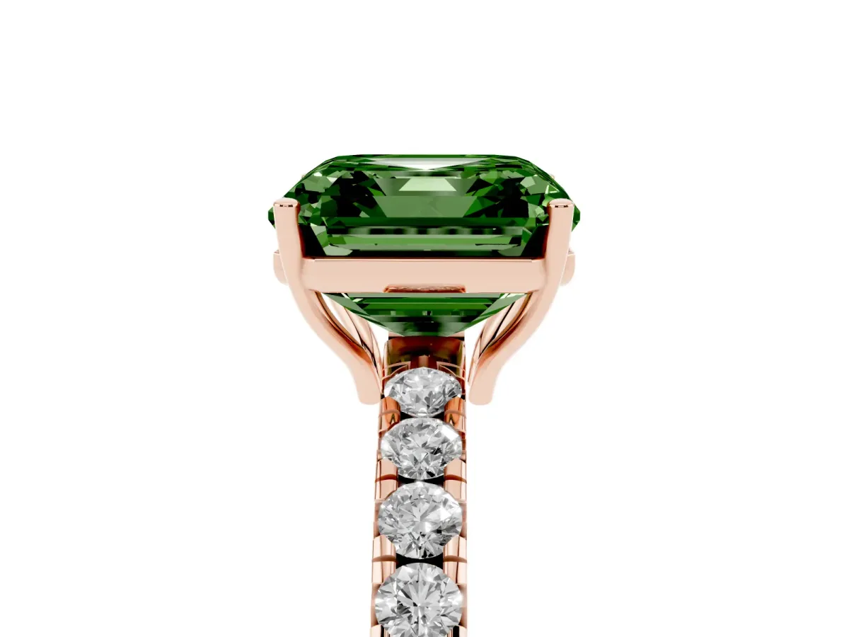 Fancy Green Asscher Cut Diamond Pavé Solitaire Engagement Ring with Four-Prong Setting Rose gold