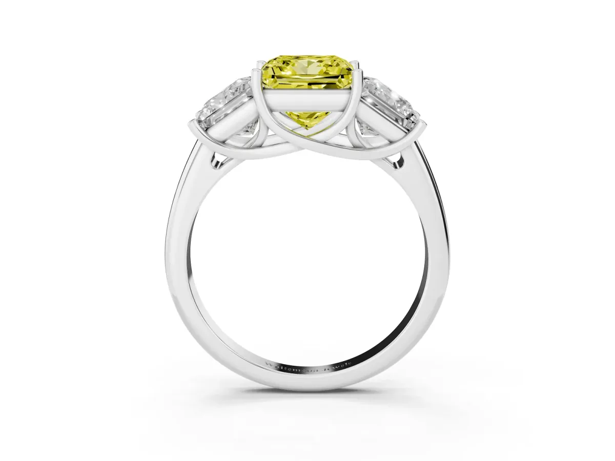Fancy Yellow Three-Stone Princess Cut Diamond Engagement Ring with Prong Setting Silver