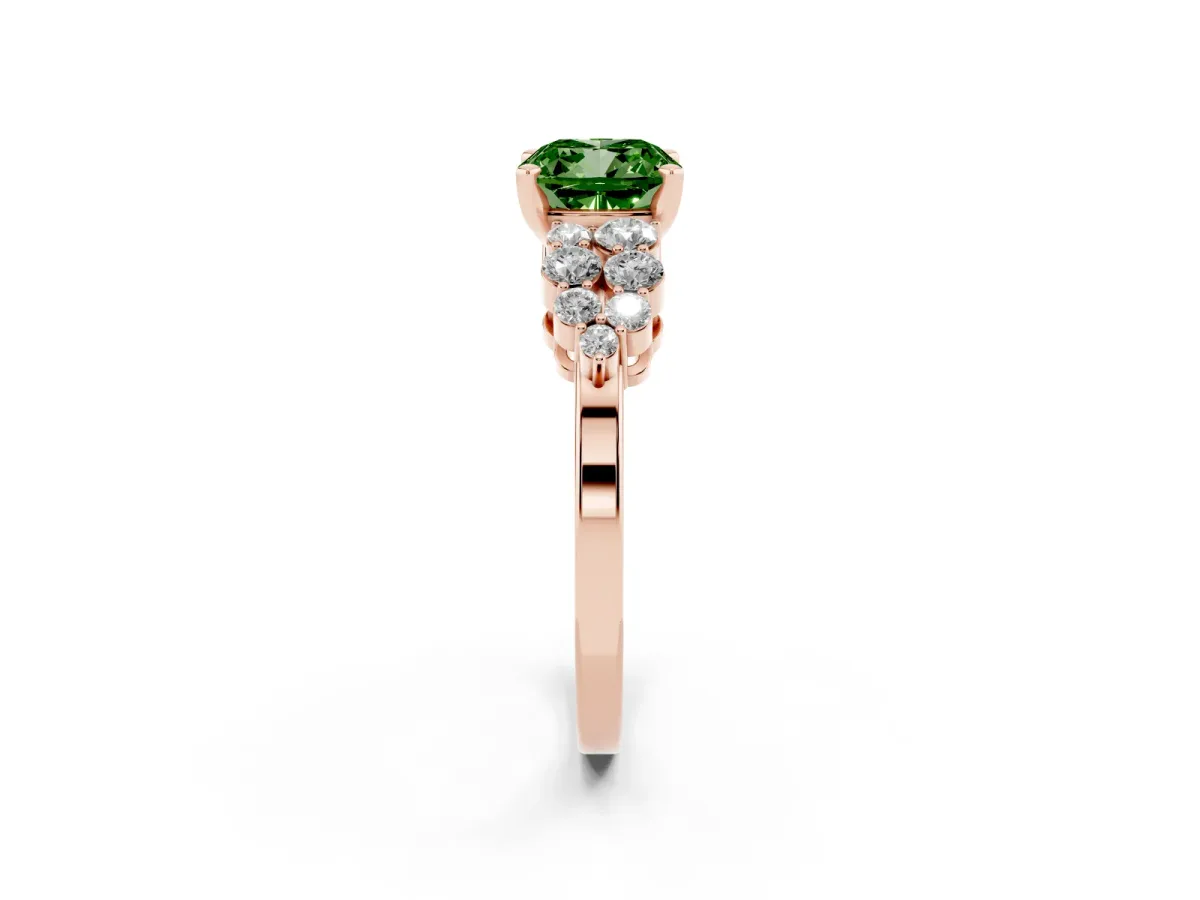 Fancy Green Cushion Cut Cluster Diamond Engagement Ring with Pavé Band and Four-Prong Setting Rose gold