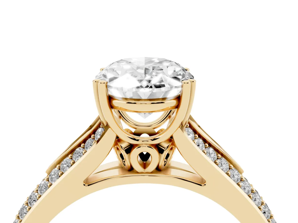 Oval Cut Diamond Split Shank Engagement Ring with Pavé Band Yellow gold