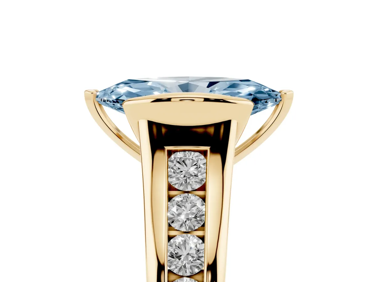 Fancy Blue Marquise Cut Solitaire Bezel-Set Diamond Ring with Channel-Set Band Yellow gold