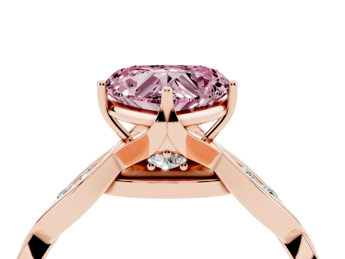 Fancy Pink Heart Cut Solitaire Twist Band with Leaf Prong Setting Rose gold