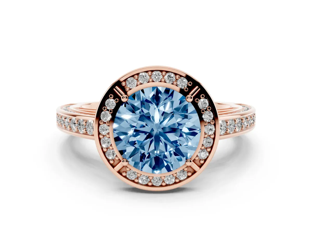Fancy Blue Round Cut Cut Halo Pave Split Shank Prong Setting Ring Rose gold