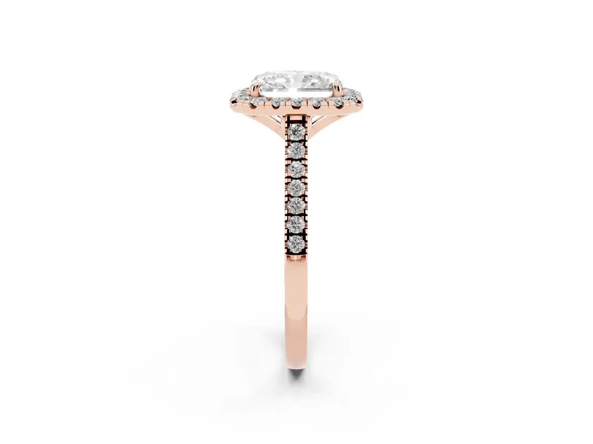 Radiant Cut Diamond Cushion Halo Ring with Pavé Band Rose gold