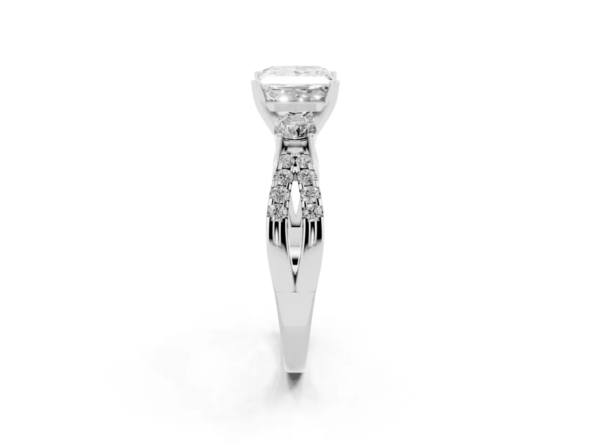Princess Cut Diamond Three-Stone Ring with Pavé Split Shank and Four-Prong Setting Silver