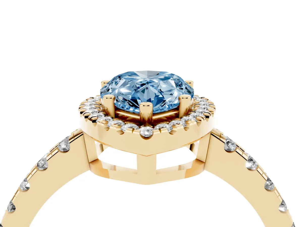 Fancy Blue Pear Cut Diamond Halo Ring with Pavé Band and Four-Prong Setting Yellow gold