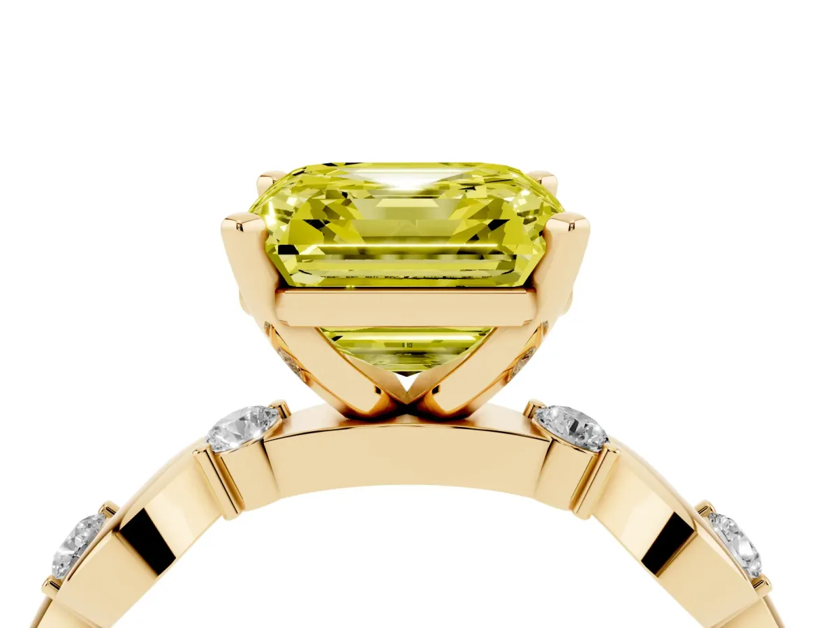 Fancy Yellow Asscher Cut Diamond Solitaire Twisted Band with Round Accents and Prong Setting Yellow gold
