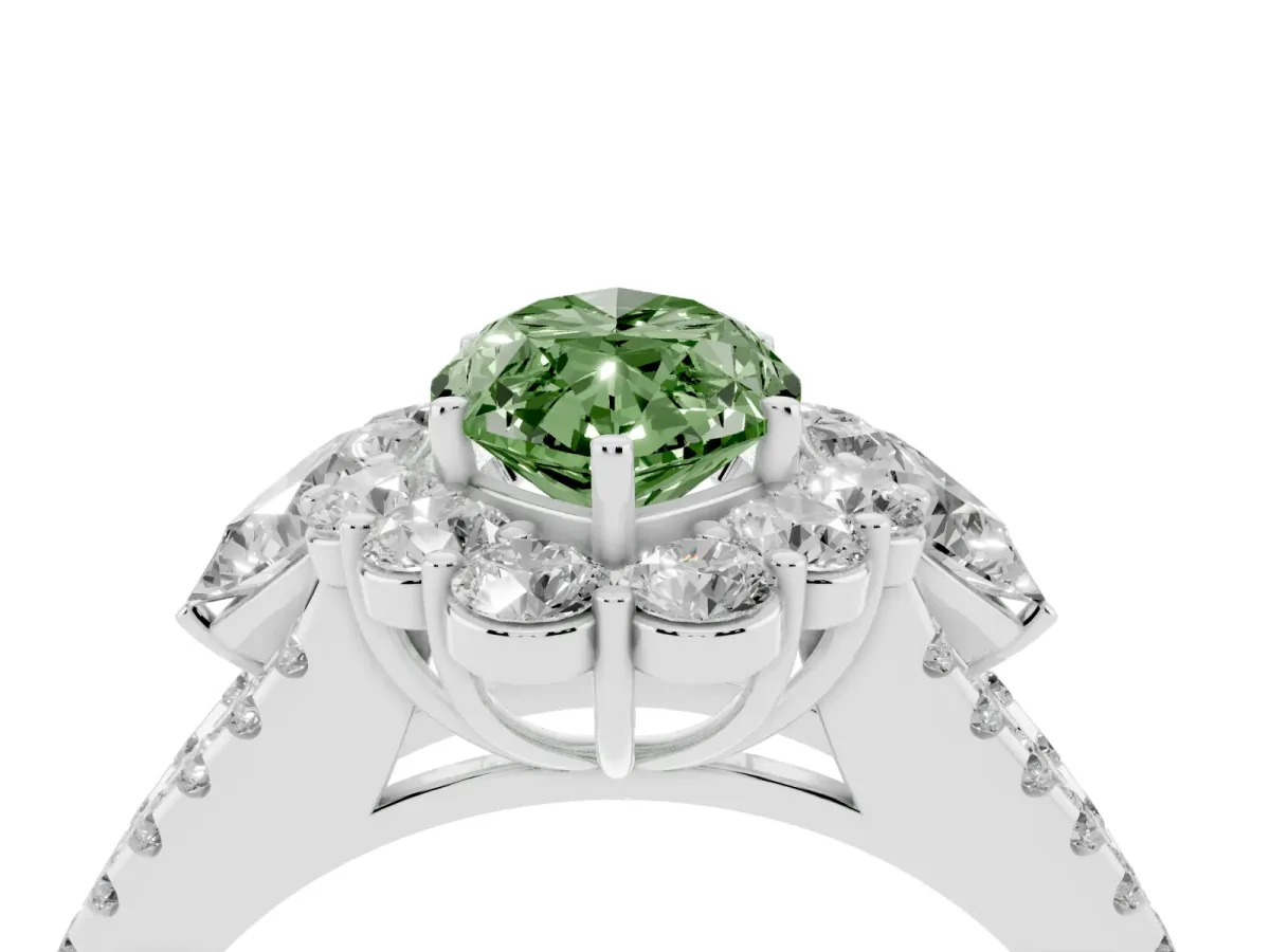 Fancy Green Marquise Cut Halo Split Shank Diamond Engagement Ring with Prong Setting Platinum