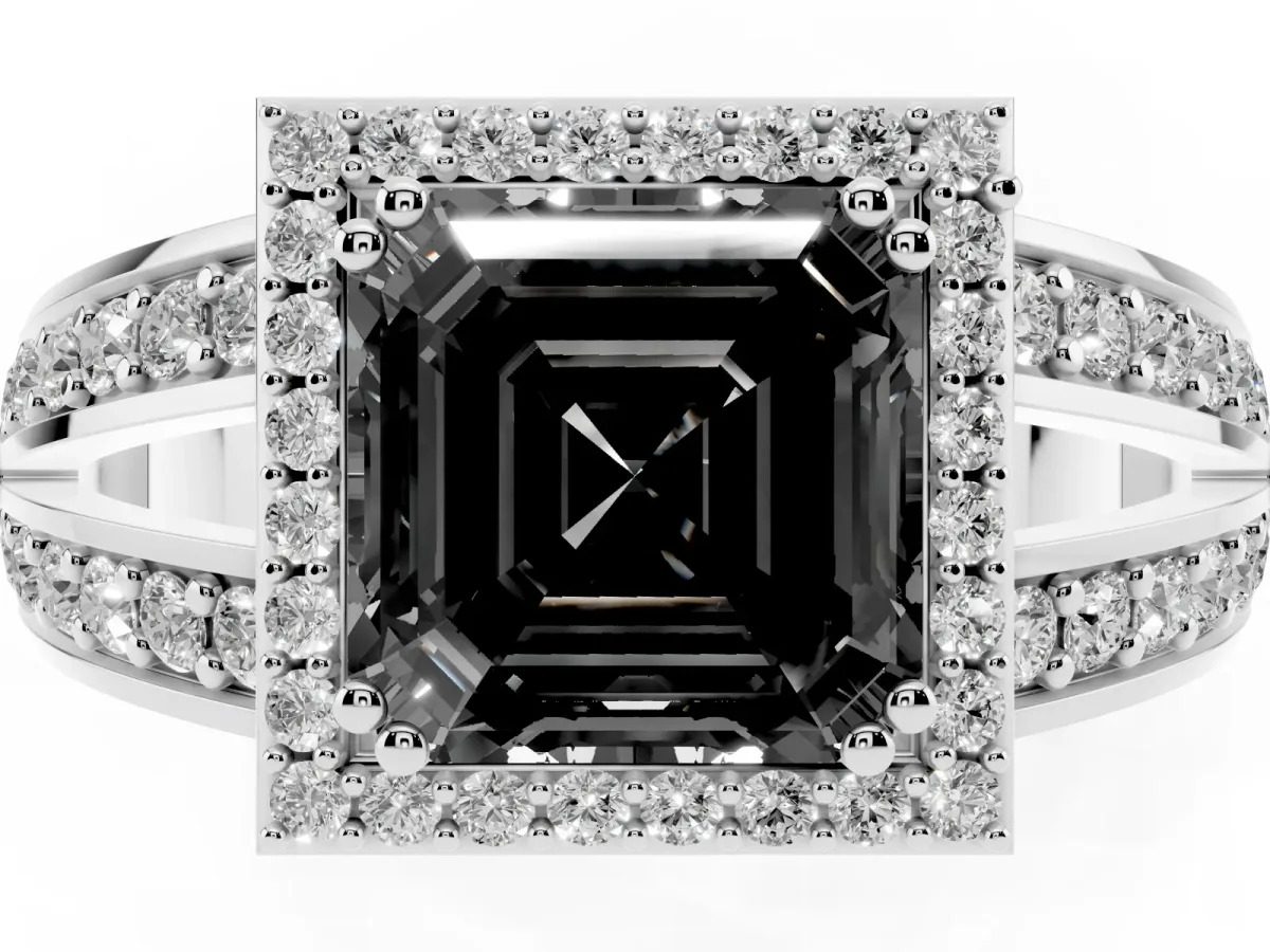Fancy Black Asscher Cut Diamond Halo Ring with Split Shank Pavé Band and Four-Prong Setting Silver