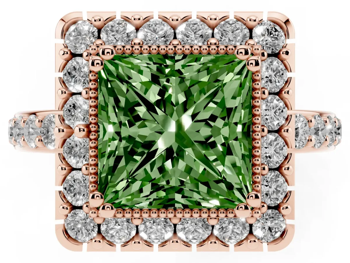 Fancy Green Princess Cut Diamond Halo Ring with Pavé Band and Prong Setting Rose gold