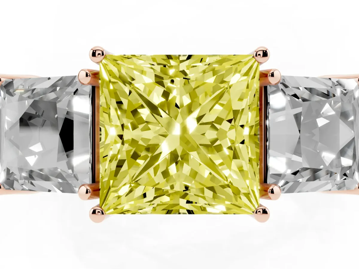 Fancy Yellow Three-Stone Princess Cut Cut Milgrain Pavé Engagement Ring Rose gold