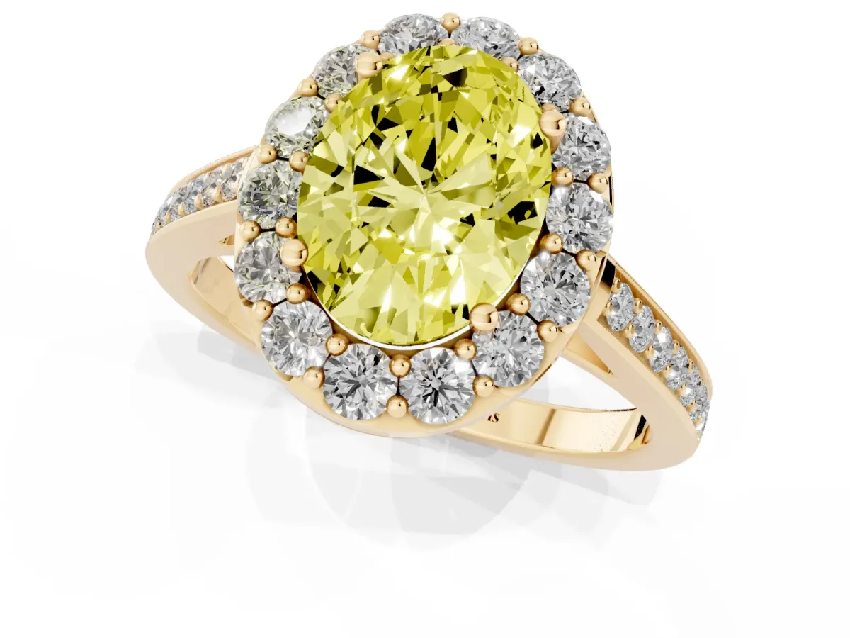 Fancy Yellow Oval Cut Diamond Floral Halo Ring with Pavé Band and Prong Setting Yellow gold