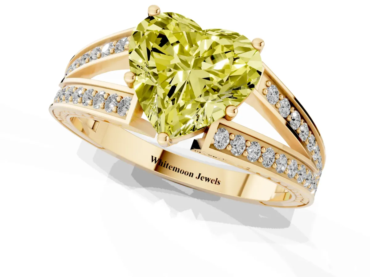 Fancy Yellow Heart Cut Diamond Split Shank Ring with Pavé Band and Four-Prong Setting Yellow gold