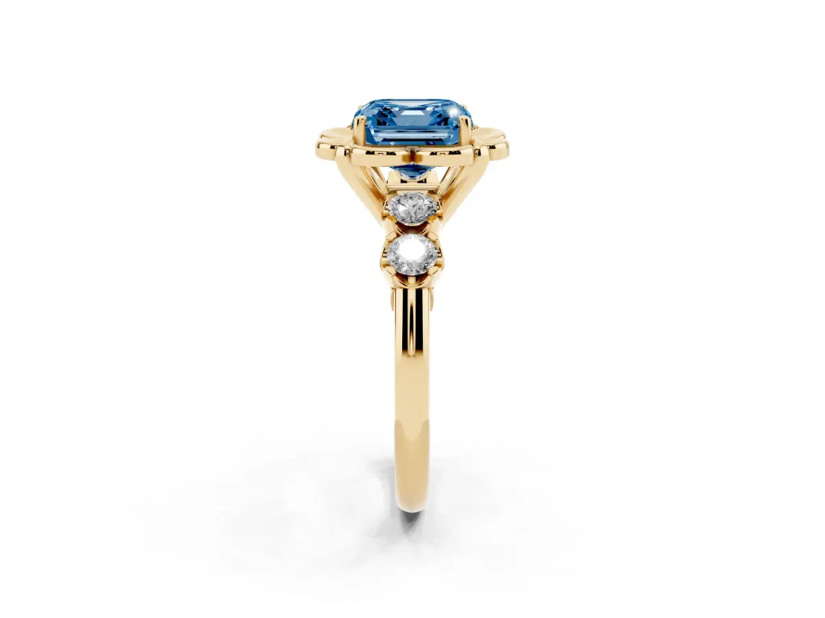 Fancy Blue Asscher Cut Cut Diamond Floral Halo Engagement Ring with Shared Prong Setting Yellow gold
