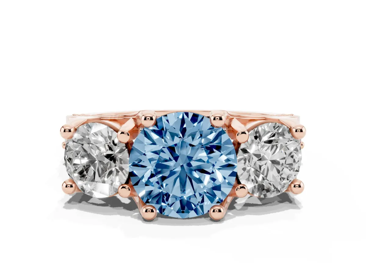 Fancy Blue Round Cut Diamond Three-Stone Ring with Channel Set Band and Four-Prong Setting Rose gold