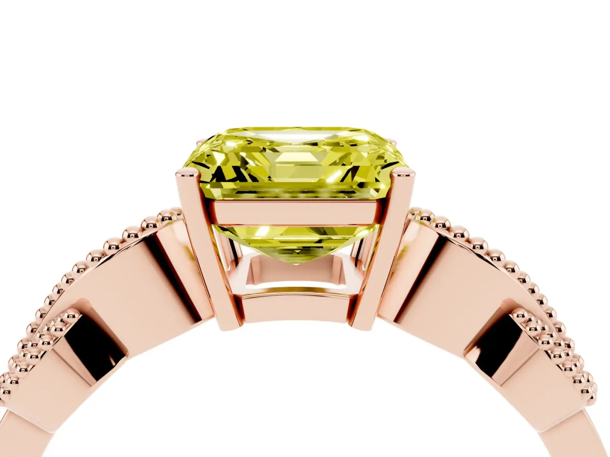 Fancy Yellow Asscher Cut Solitaire Milgrain Leaf Band with Prong Setting Rose gold