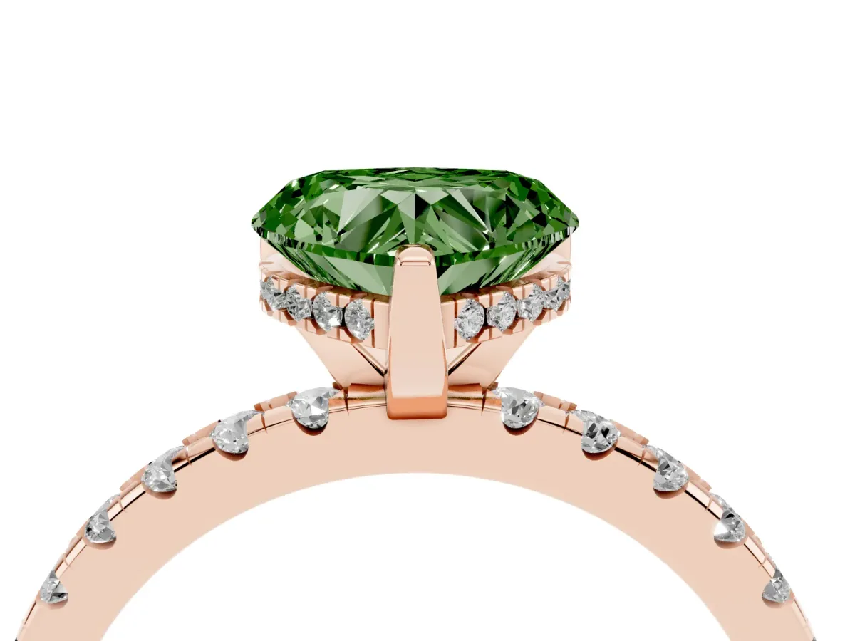 Fancy Green Heart Cut Diamond Solitaire Ring with Round Pavé Band and Four-Prong Setting Rose gold