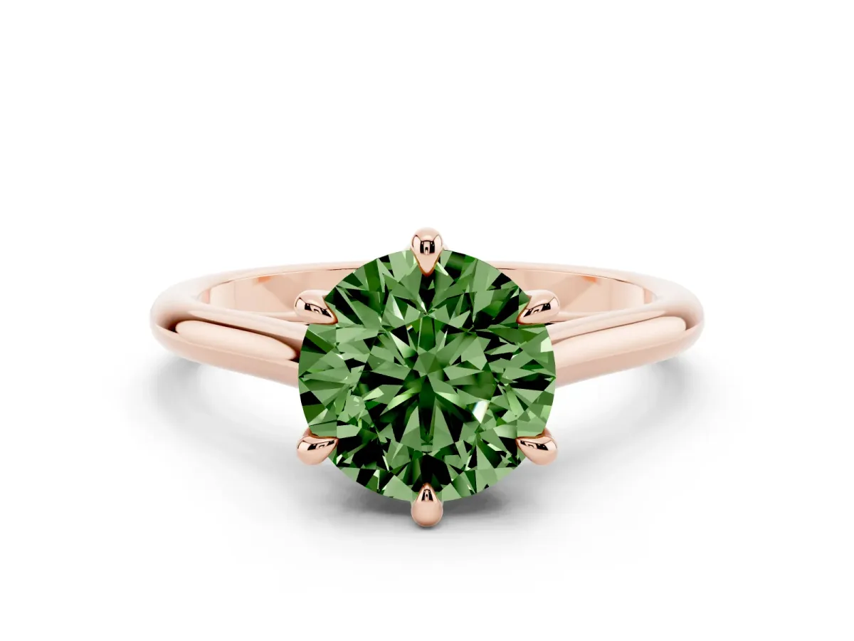 Fancy Green Round Cut Solitaire Engagement Ring with Six-Prong Setting and Classic Band Rose gold
