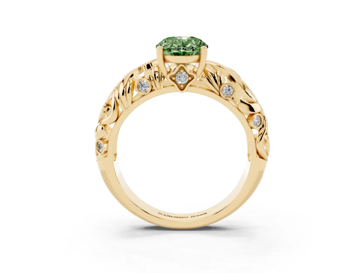 Fancy Green Oval Cut Solitaire Diamond Leaf-Inspired Vine Band Ring with Prong Setting Yellow gold