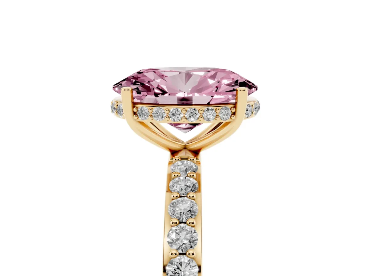 Fancy Pink Oval Cut Diamond Solitaire Ring with Pavé Band and Hidden Halo Yellow gold