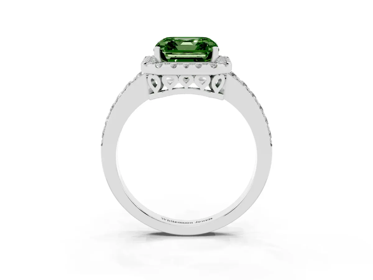 Fancy Green Asscher Cut Halo Diamond Pavé Band Ring with Prong Setting Silver