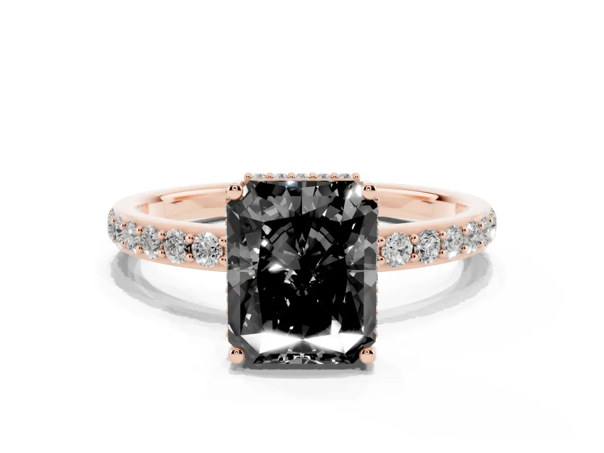 Fancy Black Radiant Cut Diamond Solitaire Ring with Pavé Band and Hidden Halo Rose gold