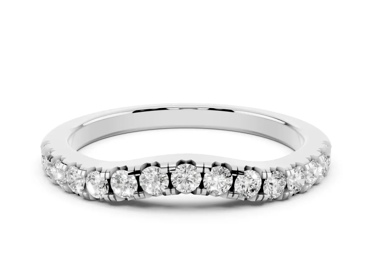 Round Diamond Curved Pavé Wedding Band with Shared Prong Setting Silver