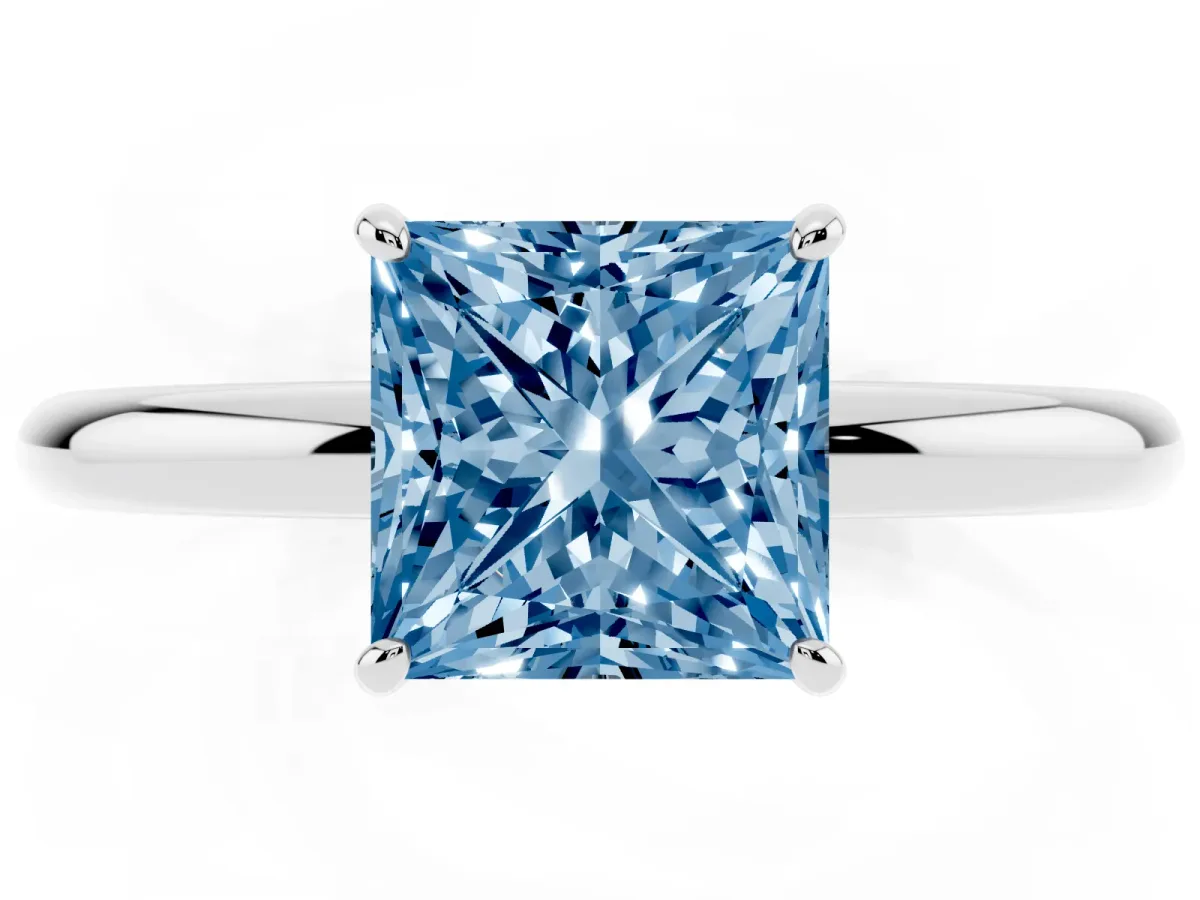 Fancy Blue Princess Cut Solitaire Diamond Ring with Four-Prong Setting on a Plain Band Platinum