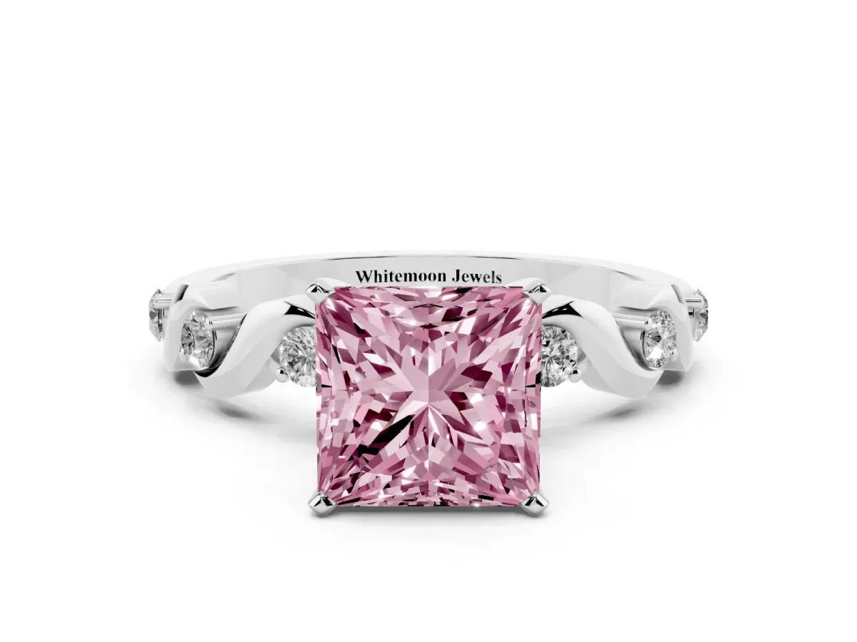 Fancy Pink Princess Cut Diamond Solitaire Twisted Band with Round Accents and Prong Setting White gold
