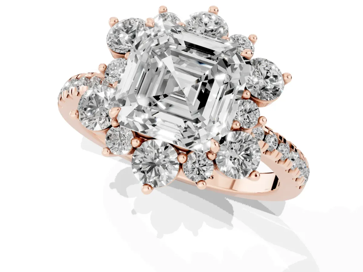 Asscher Cut Diamond Floral Halo Ring with Round Pavé Band and Prong Setting Rose gold