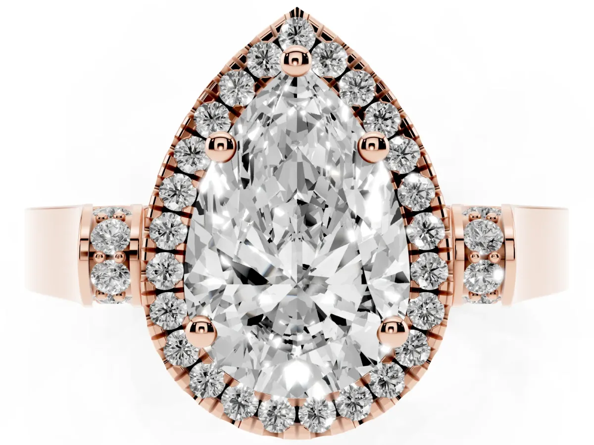 Pear Cut Halo Pave Split Shank Prong Setting Ring Rose gold