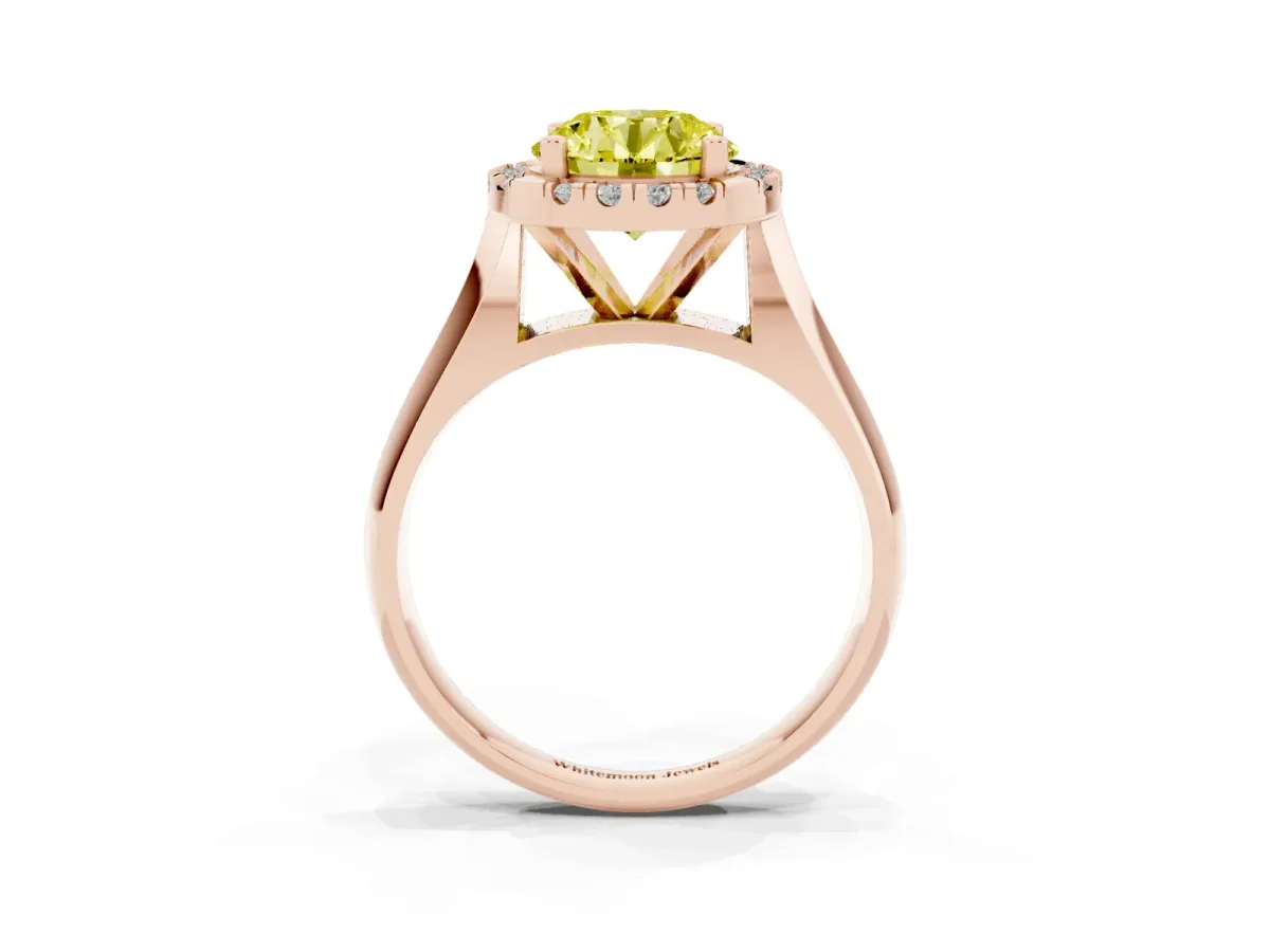 Fancy Yellow Round Cut Cut Halo Solitaire Engagement Ring with Square Band and Four-Prong Setting Rose gold