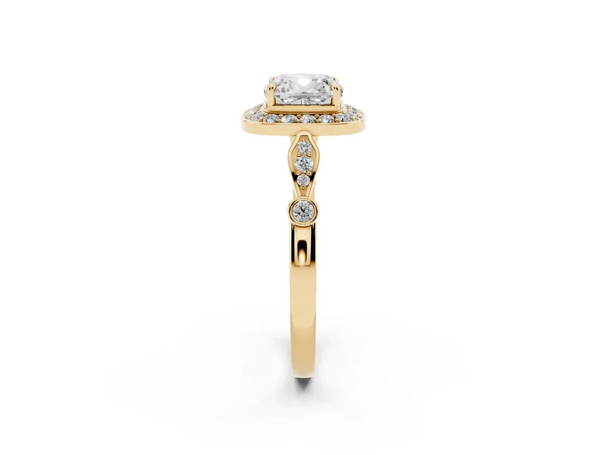 Cushion Cut Halo Diamond Engagement Ring with Twisted Band and Four-Prong Setting Yellow gold