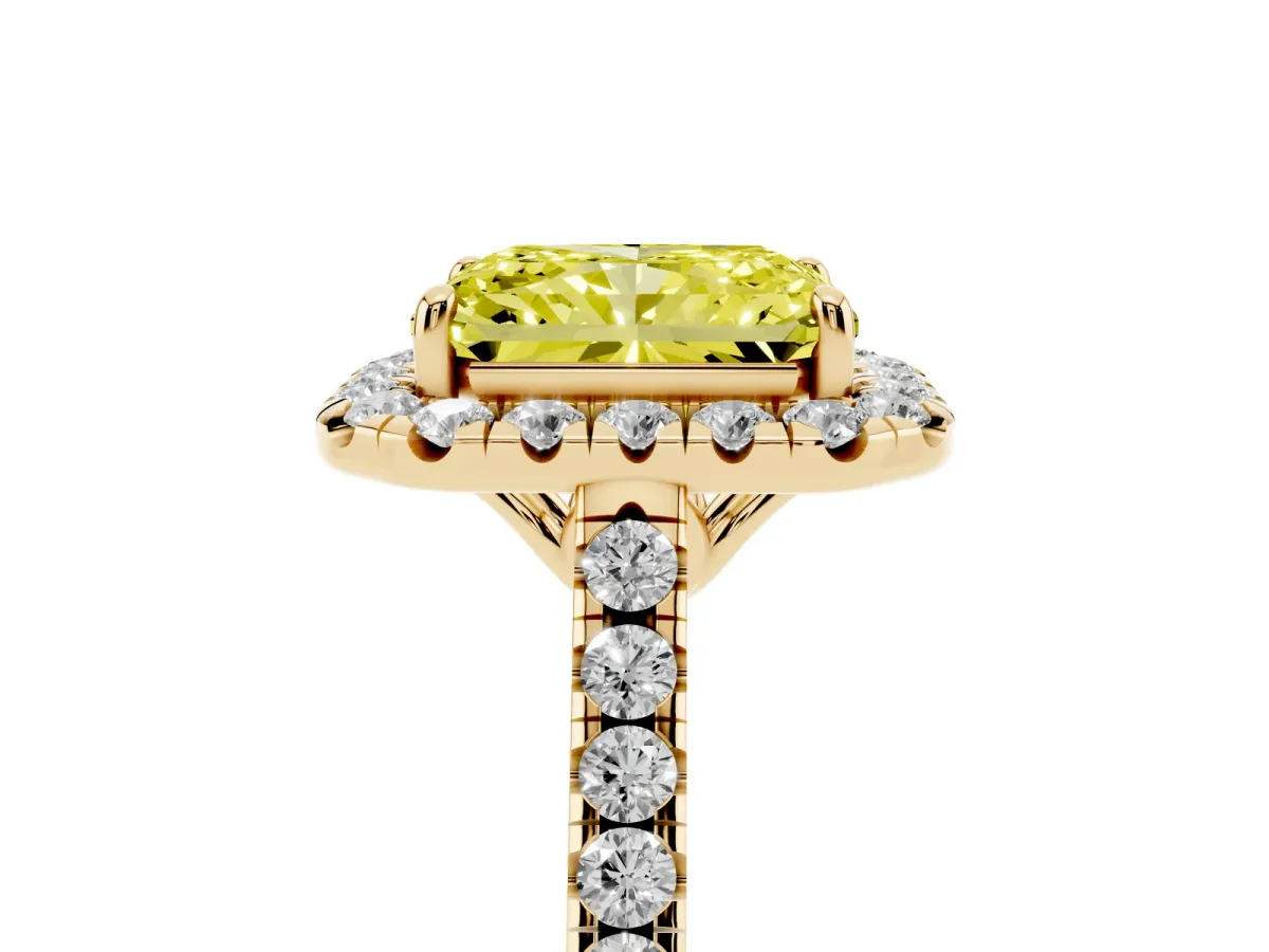 Fancy Yellow Radiant Cut Halo Pavé Diamond Engagement Ring with Four-Prong Setting Yellow gold