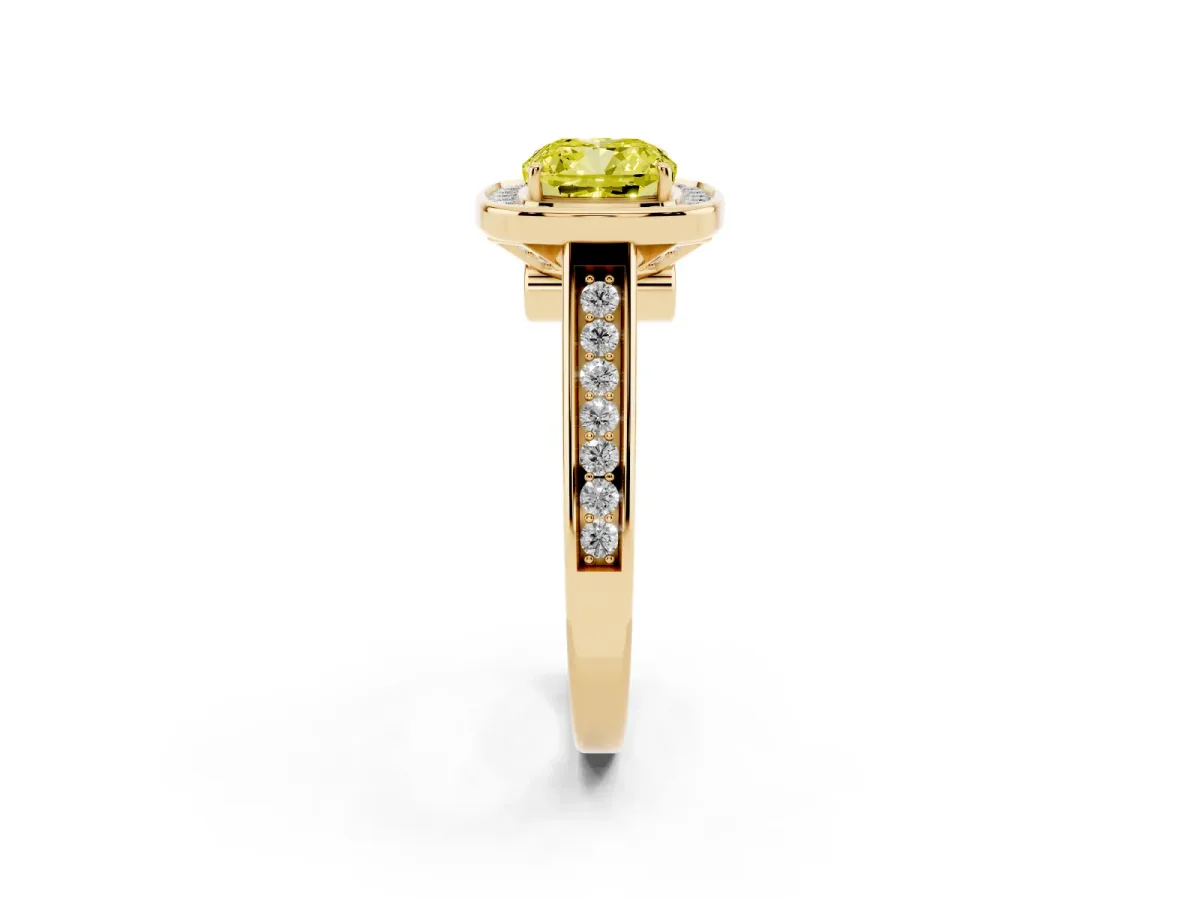 Fancy Yellow Cushion Cut Halo Solitaire Diamond Ring with Pave Band and Bezel Setting Yellow gold