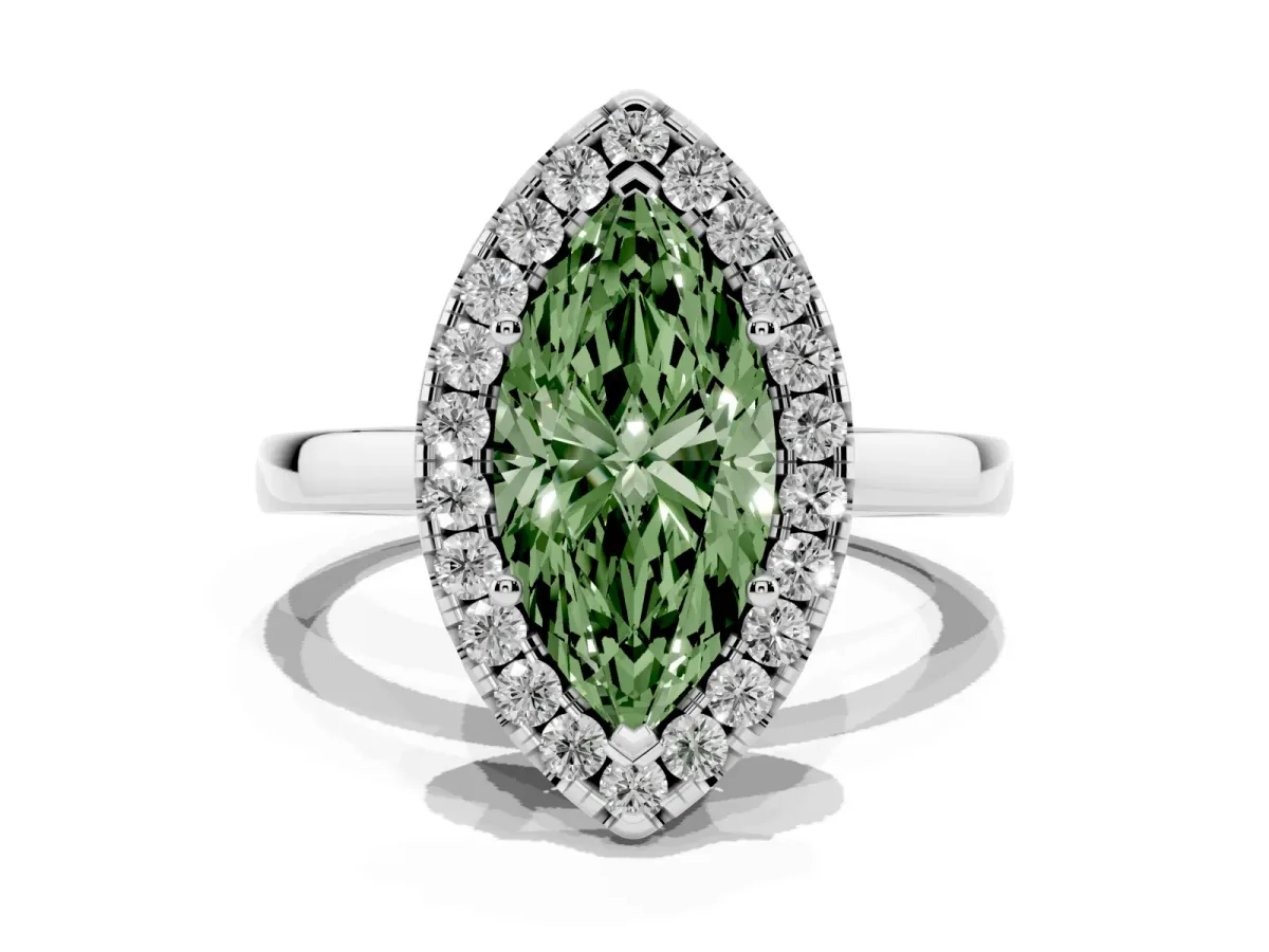 Fancy Green Marquise Cut Halo Diamond Solitaire with Pavé Band and Four-Prong Setting White gold
