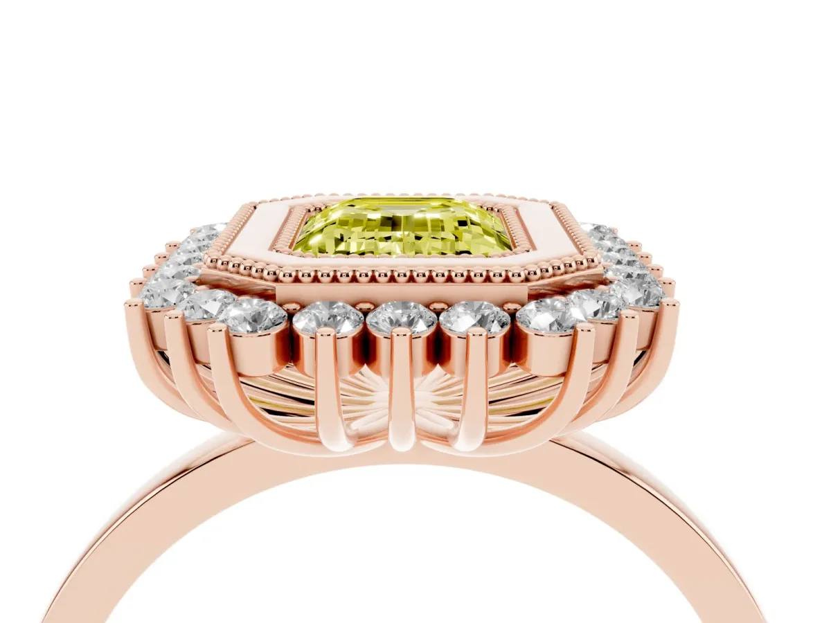Fancy Yellow Emerald Cut Halo Diamond Ring with Milgrain Edge and Round Prong Setting Rose gold
