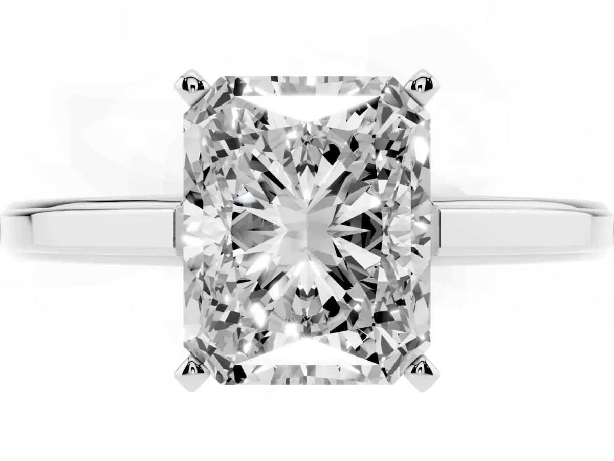 Radiant Cut Solitaire Diamond Ring with Four-Prong Setting and Classic Band Silver