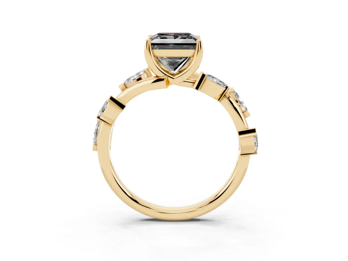 Fancy Black Princess Cut Solitaire Twisted Band Marquise Accent Prong Setting Ring Yellow gold