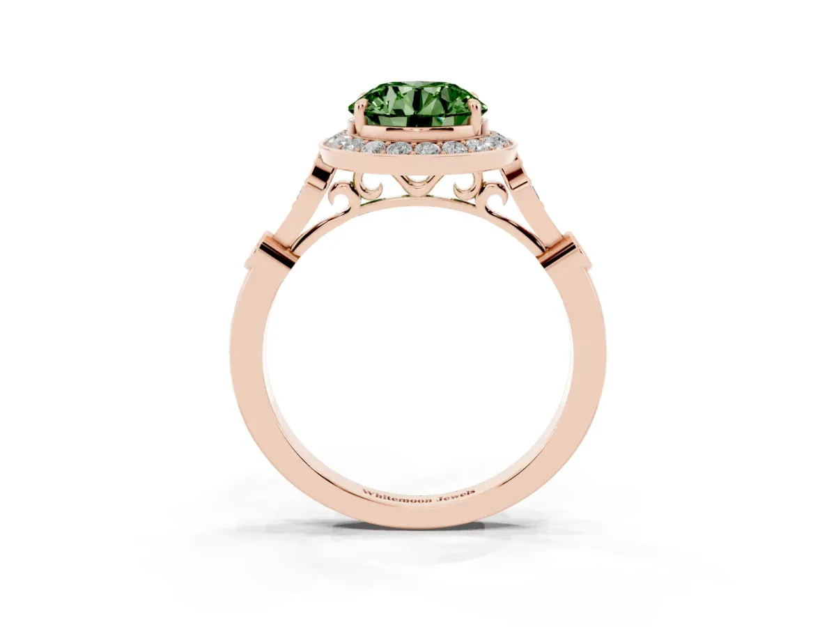 Fancy Green Round Cut Halo Diamond Engagement Ring with Twisted Band and Four-Prong Setting Rose gold